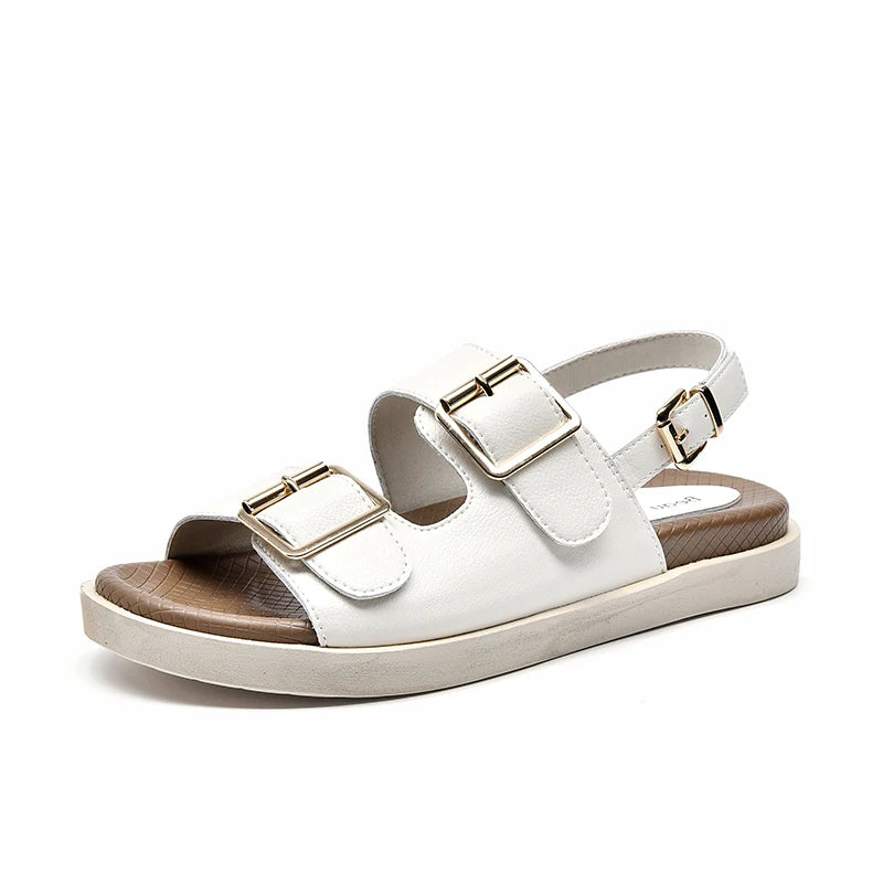BeauToday Casual Sandals Women Genuine Leather Metal Ankle Buckle Strap Summer Beach Ladies Low Heel Sport Shoes Handmade 38128