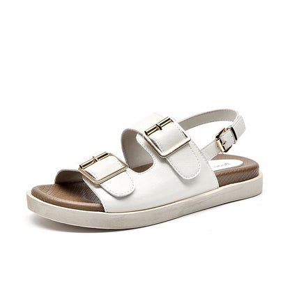 BeauToday Casual Sandals Women Genuine Leather Metal Ankle Buckle Strap Summer Beach Ladies Low Heel Sport Shoes Handmade 38128