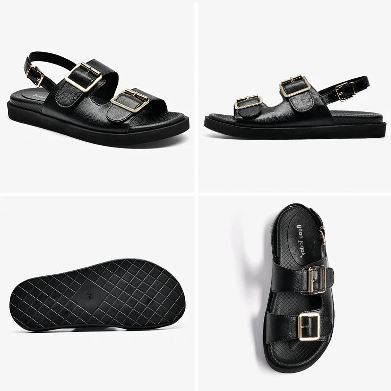 BeauToday Casual Sandals Women Genuine Leather Metal Ankle Buckle Strap Summer Beach Ladies Low Heel Sport Shoes Handmade 38128