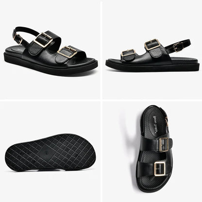 BeauToday Casual Sandals Women Genuine Leather Metal Ankle Buckle Strap Summer Beach Ladies Low Heel Sport Shoes Handmade 38128