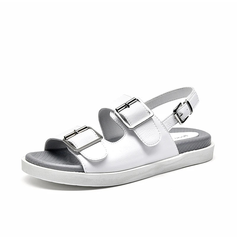 BeauToday Casual Sandals Women Genuine Leather Metal Ankle Buckle Strap Summer Beach Ladies Low Heel Sport Shoes Handmade 38128