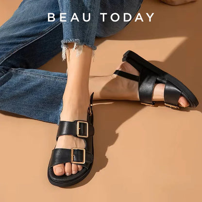 BeauToday Casual Sandals Women Genuine Leather Metal Ankle Buckle Strap Summer Beach Ladies Low Heel Sport Shoes Handmade 38128