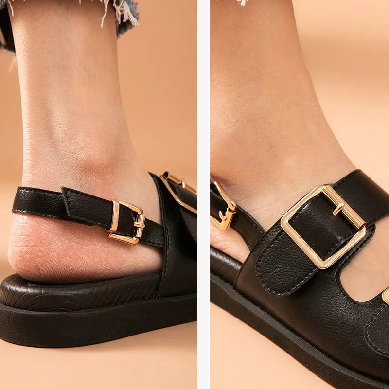 BeauToday Casual Sandals Women Genuine Leather Metal Ankle Buckle Strap Summer Beach Ladies Low Heel Sport Shoes Handmade 38128