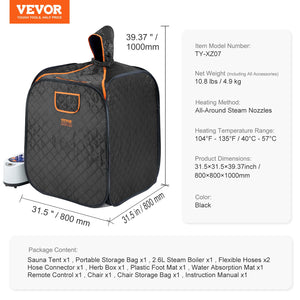 VEVOR Portable Steam Sauna Tent 1000W Personal Spa Loss Weight Detox Therapy, 800x800x1000 mm Margot Vital