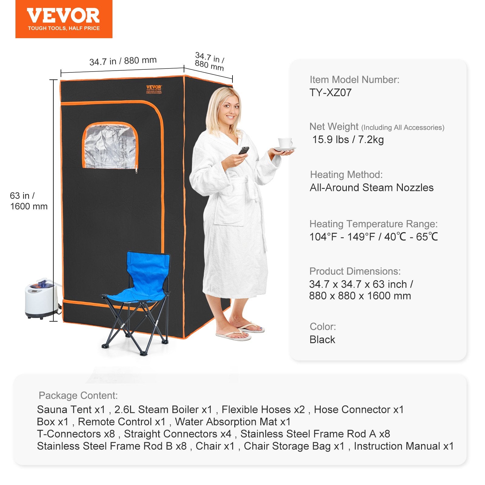 VEVOR Portable Steam Sauna Tent Full Size 1000W Personal Sauna Blanket W/ Chair, 880 x 880 x 1600 mm Margot Vital